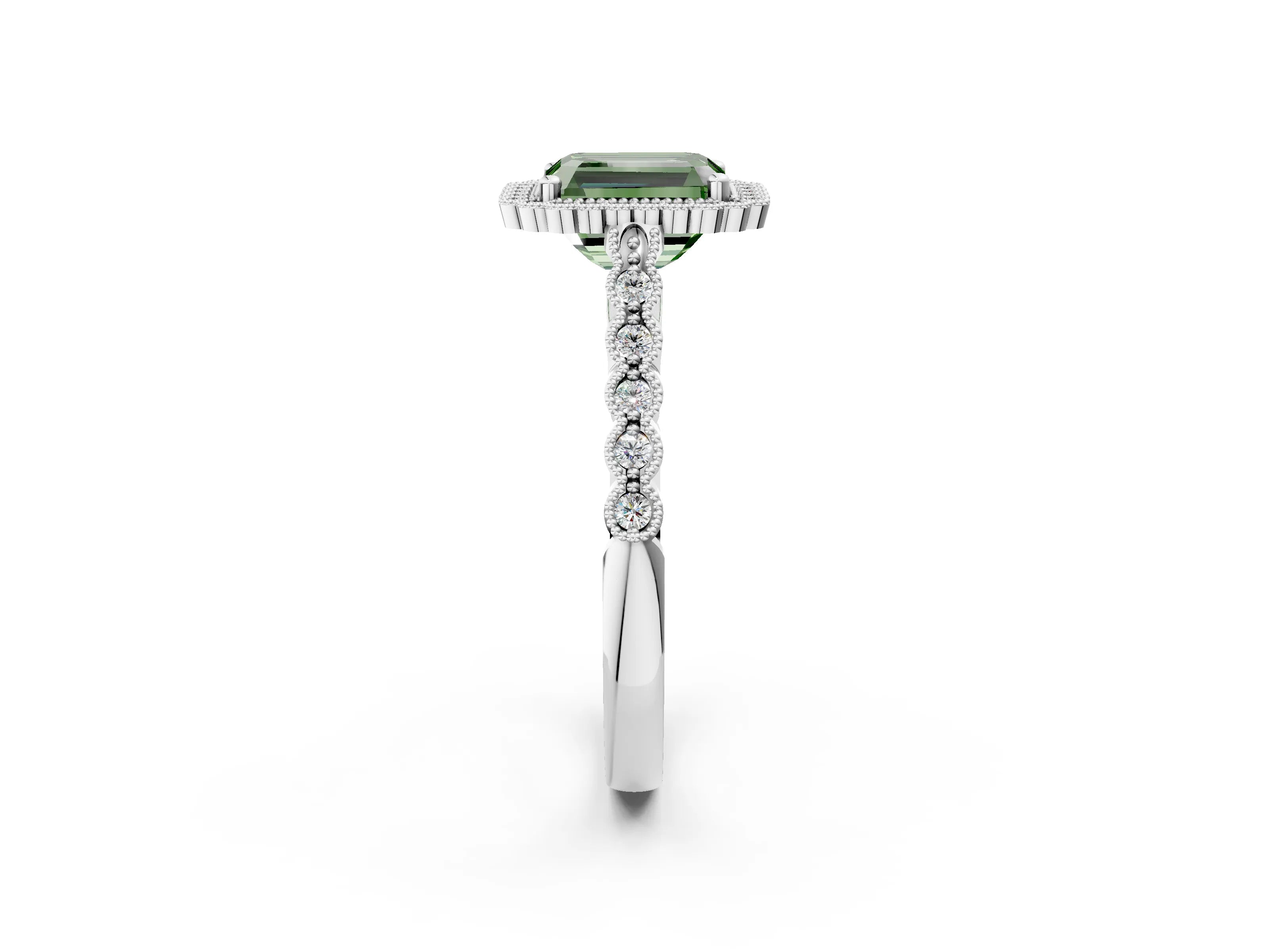 White gold Fancy Green Radiant Cut Cut Halo Pavé Solitaire Ring with Milgrain Band_14