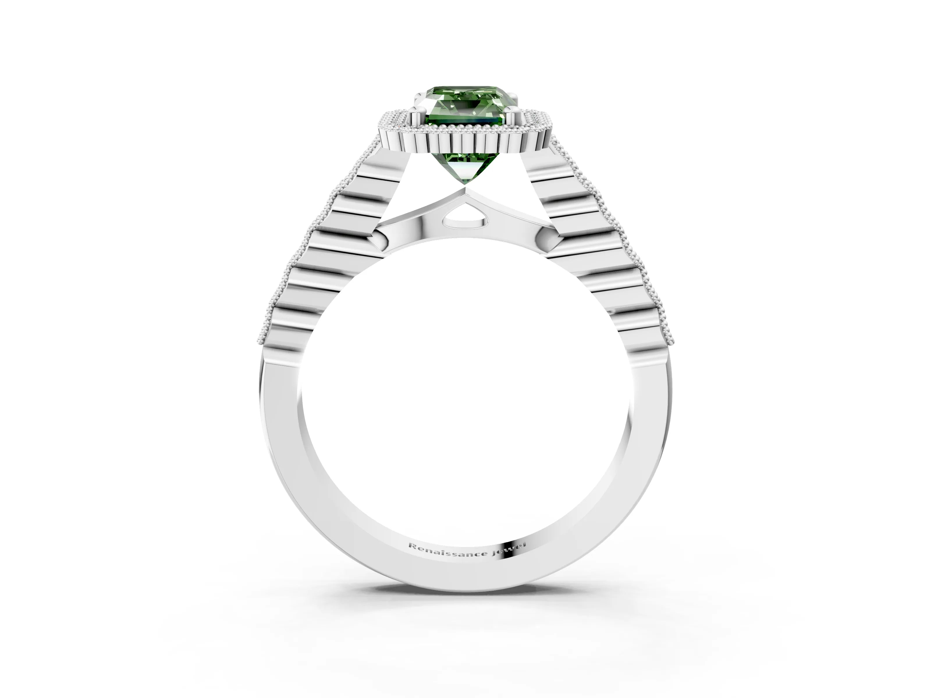 White gold Fancy Green Radiant Cut Cut Halo Pavé Solitaire Ring with Milgrain Band_15
