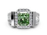 White gold Fancy Green Radiant Cut Cut Halo Split Shank Prong Set Ring