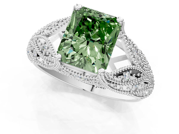 Platinum Fancy Green Radiant Cut Cut Milgrain Pave Diamond Engagement Ring with Four-Prong Setting
