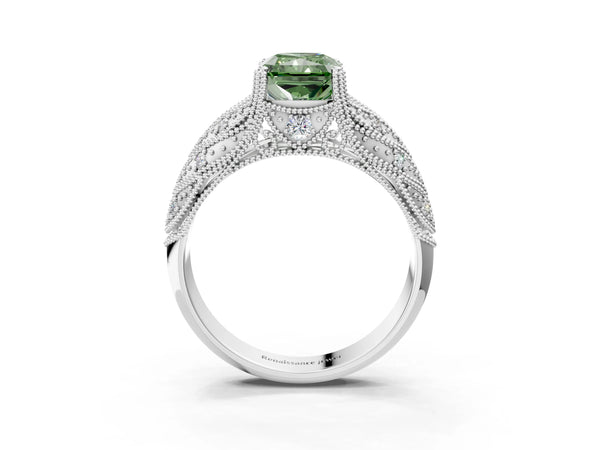 Platinum Fancy Green Radiant Cut Cut Milgrain Pave Diamond Engagement Ring with Four-Prong Setting