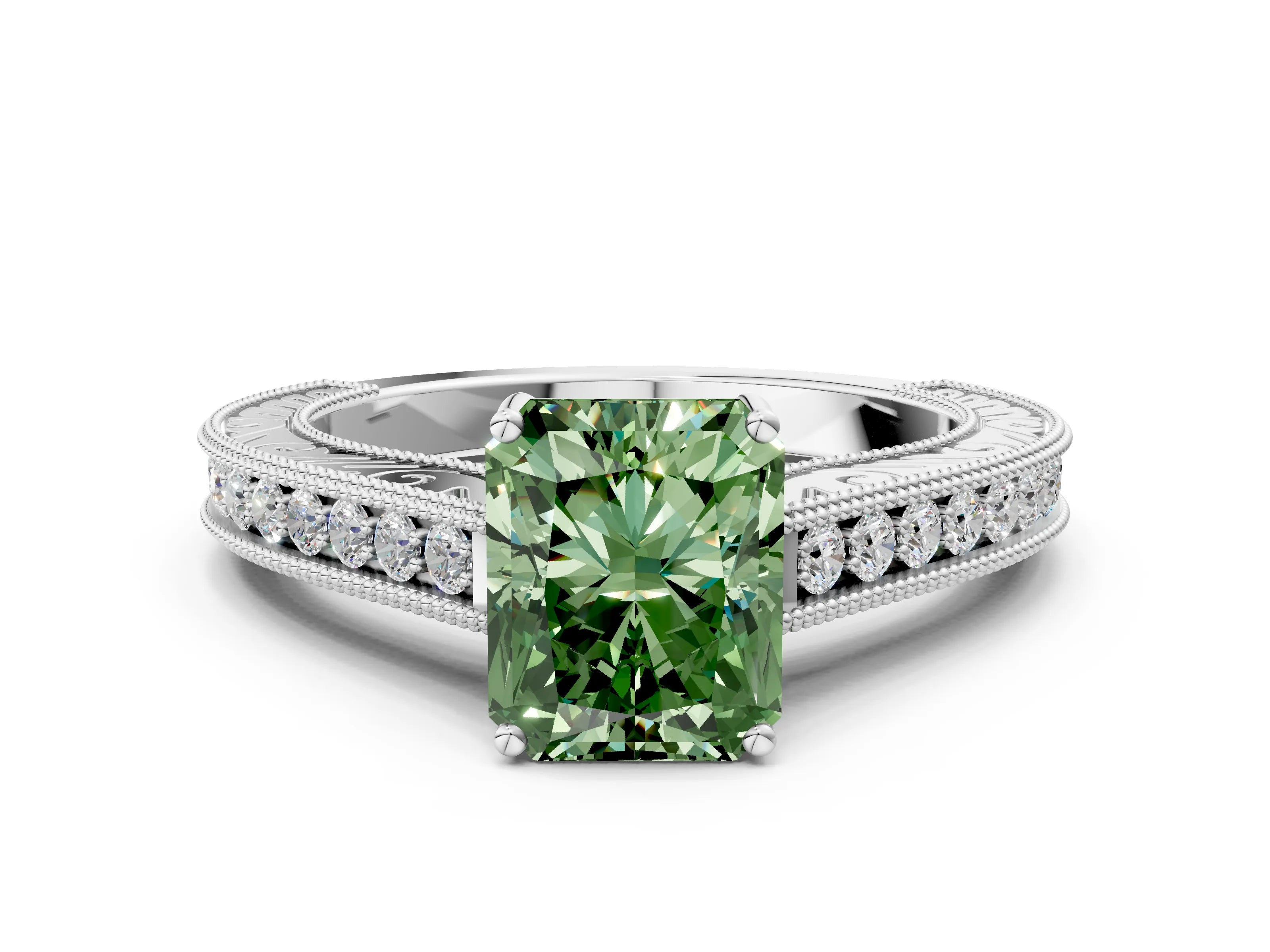 White gold Fancy Green Radiant Cut Cut Pave Band Milgrain Solitaire Ring