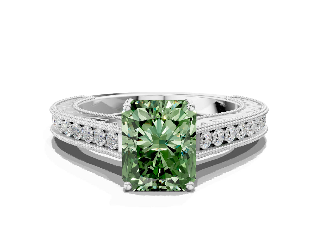 White gold Fancy Green Radiant Cut Cut Pave Band Milgrain Solitaire Ring_18