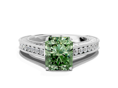 White gold Fancy Green Radiant Cut Cut Pave Band Milgrain Solitaire Ring_18