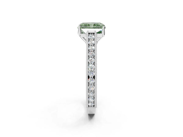 White Gold Radiant Cut Vintage Pave Engagement Ring Setting for Fancy Green Center