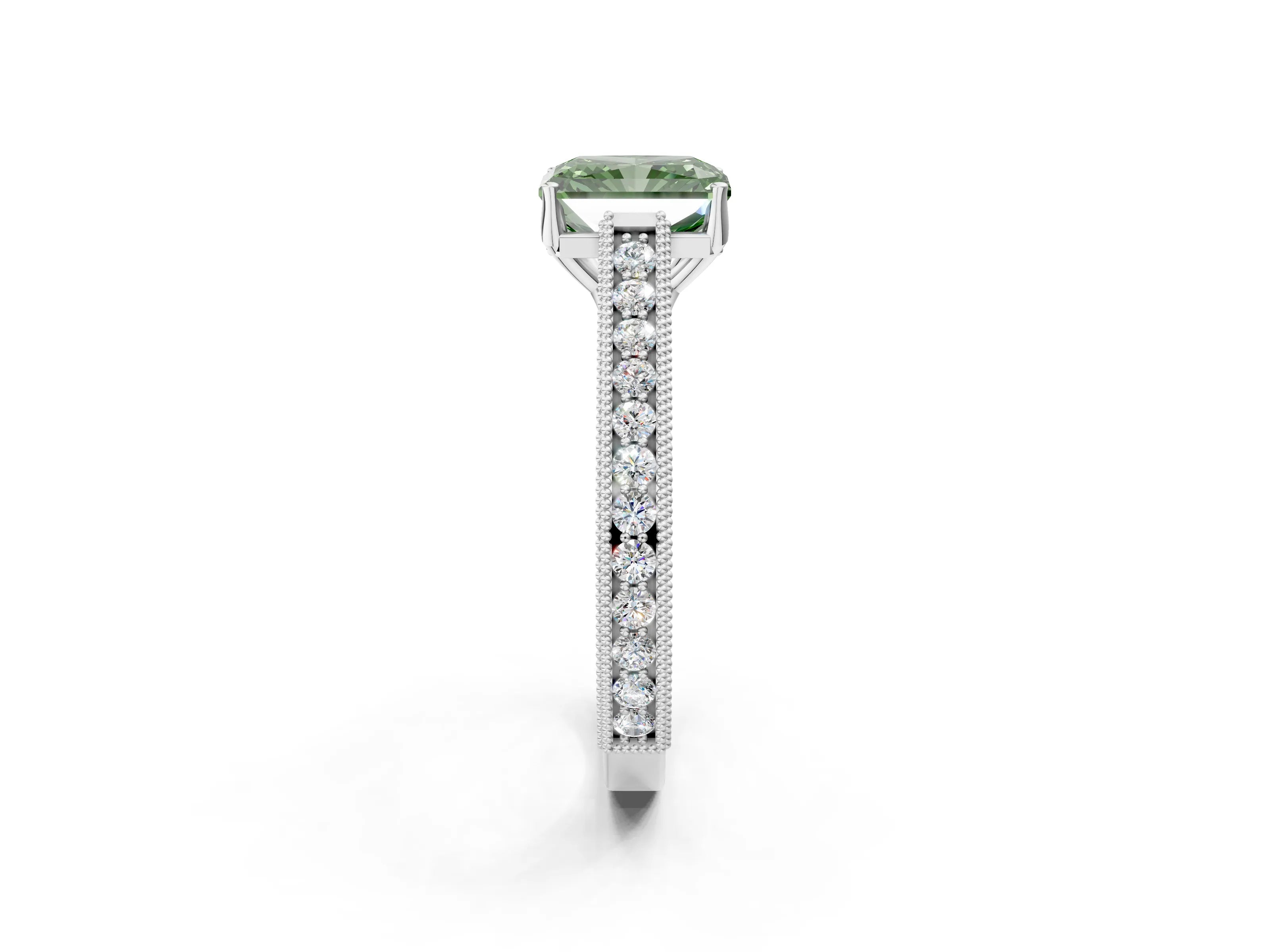 White gold Fancy Green Radiant Cut Cut Pave Band Milgrain Solitaire Ring_21