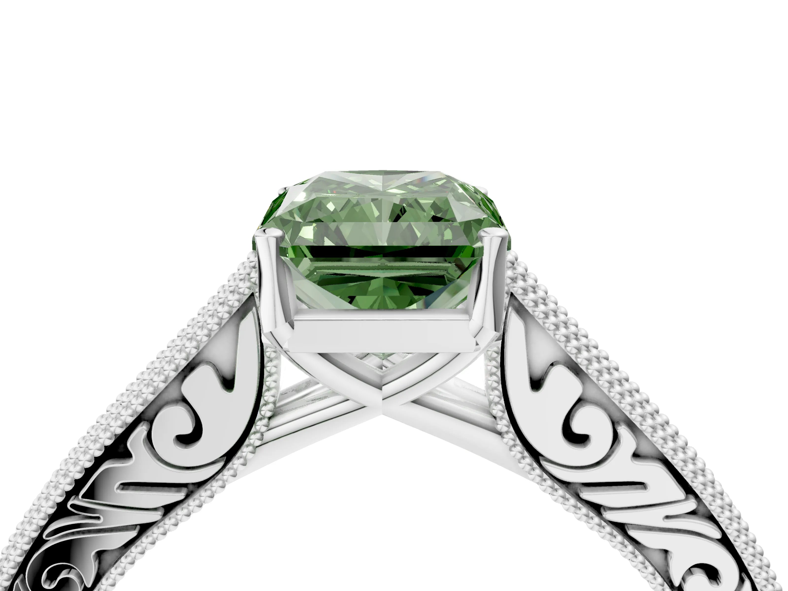 White gold Fancy Green Radiant Cut Cut Pave Band Milgrain Solitaire Ring_22