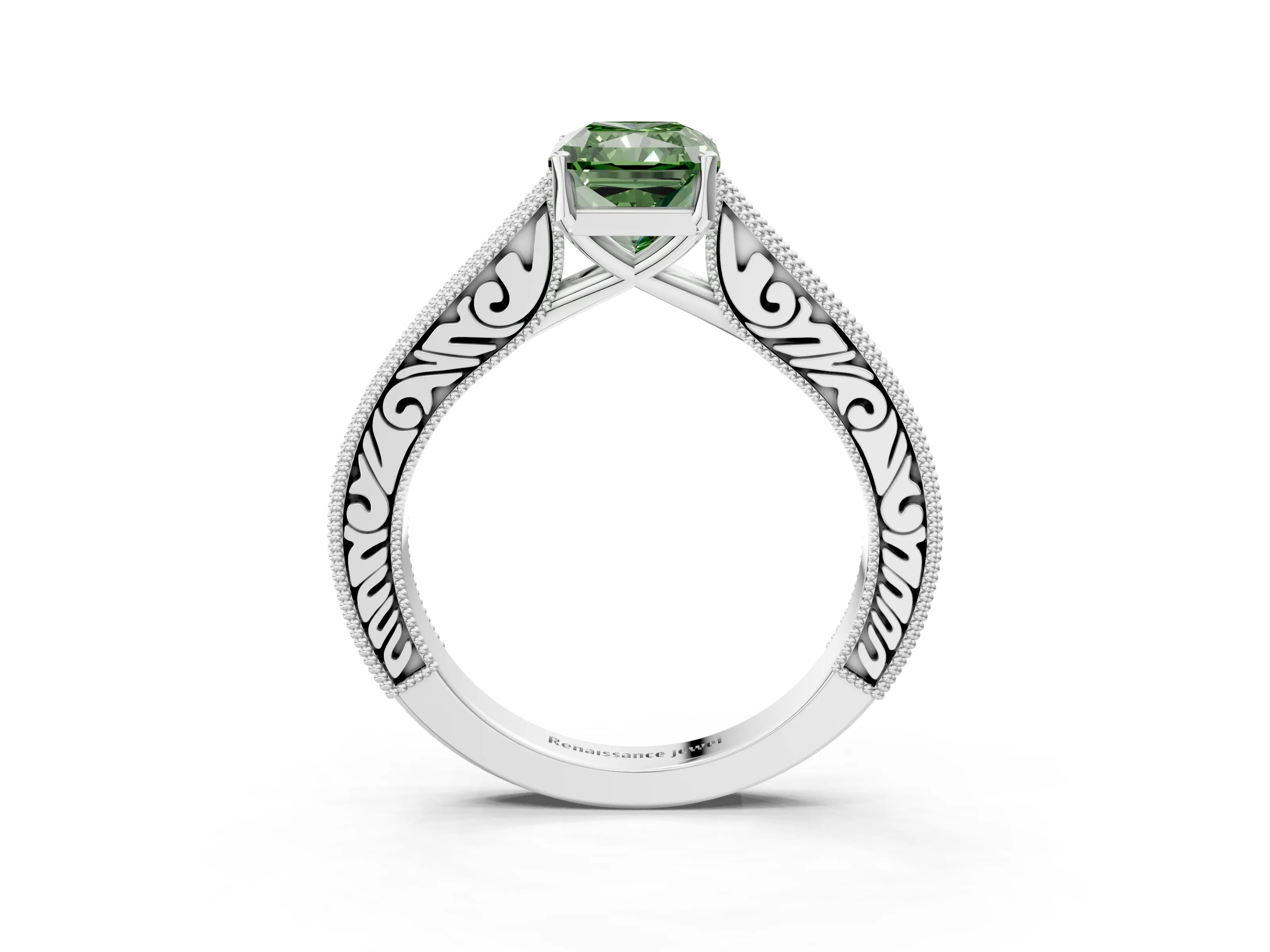 White gold Fancy Green Radiant Cut Cut Pave Band Milgrain Solitaire Ring_3