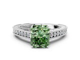 White gold Fancy Green Radiant Cut Cut Pave Band Milgrain Solitaire Ring
