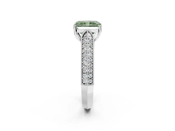 Platinum Fancy Green Radiant Cut Cut Pave Split Shank Engagement Ring with Four-Prong Setting