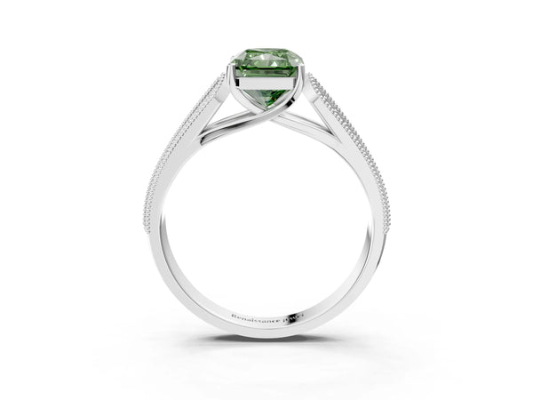 Platinum Fancy Green Radiant Cut Cut Pave Split Shank Engagement Ring with Four-Prong Setting