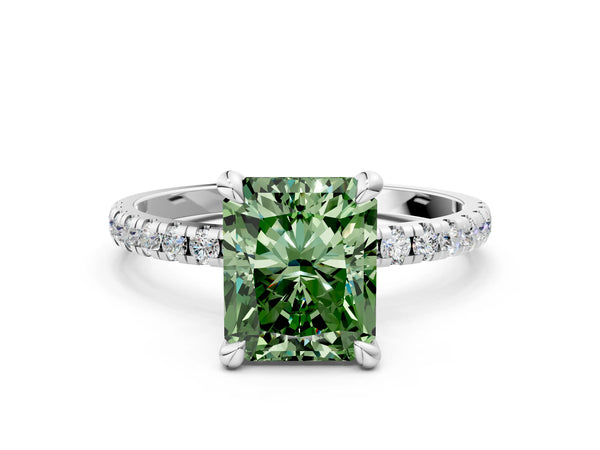 Platinum Fancy Green Radiant Cut Diamond Brilliant Solitaire Ring with Pavé Band and Four-Prong Setting