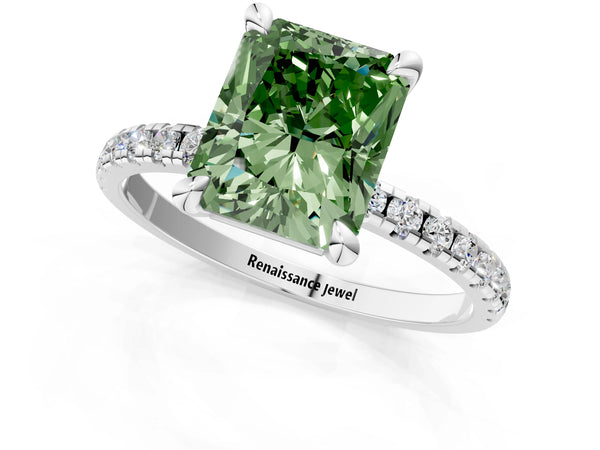 Platinum Fancy Green Radiant Cut Diamond Brilliant Solitaire Ring with Pavé Band and Four-Prong Setting