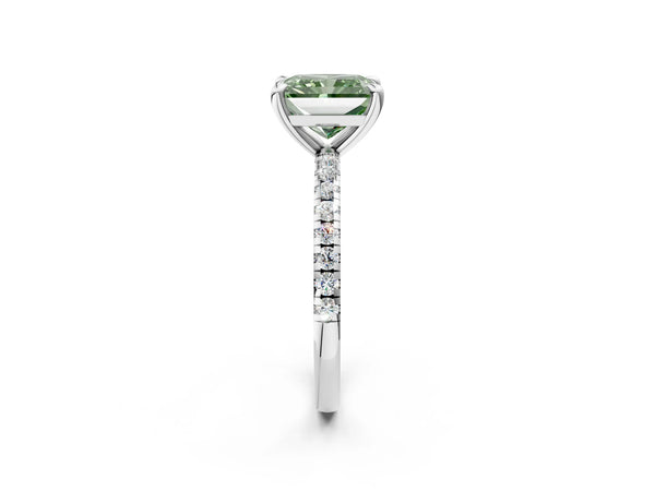 Platinum Fancy Green Radiant Cut Diamond Brilliant Solitaire Ring with Pavé Band and Four-Prong Setting