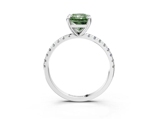 Platinum Fancy Green Radiant Cut Diamond Brilliant Solitaire Ring with Pavé Band and Four-Prong Setting