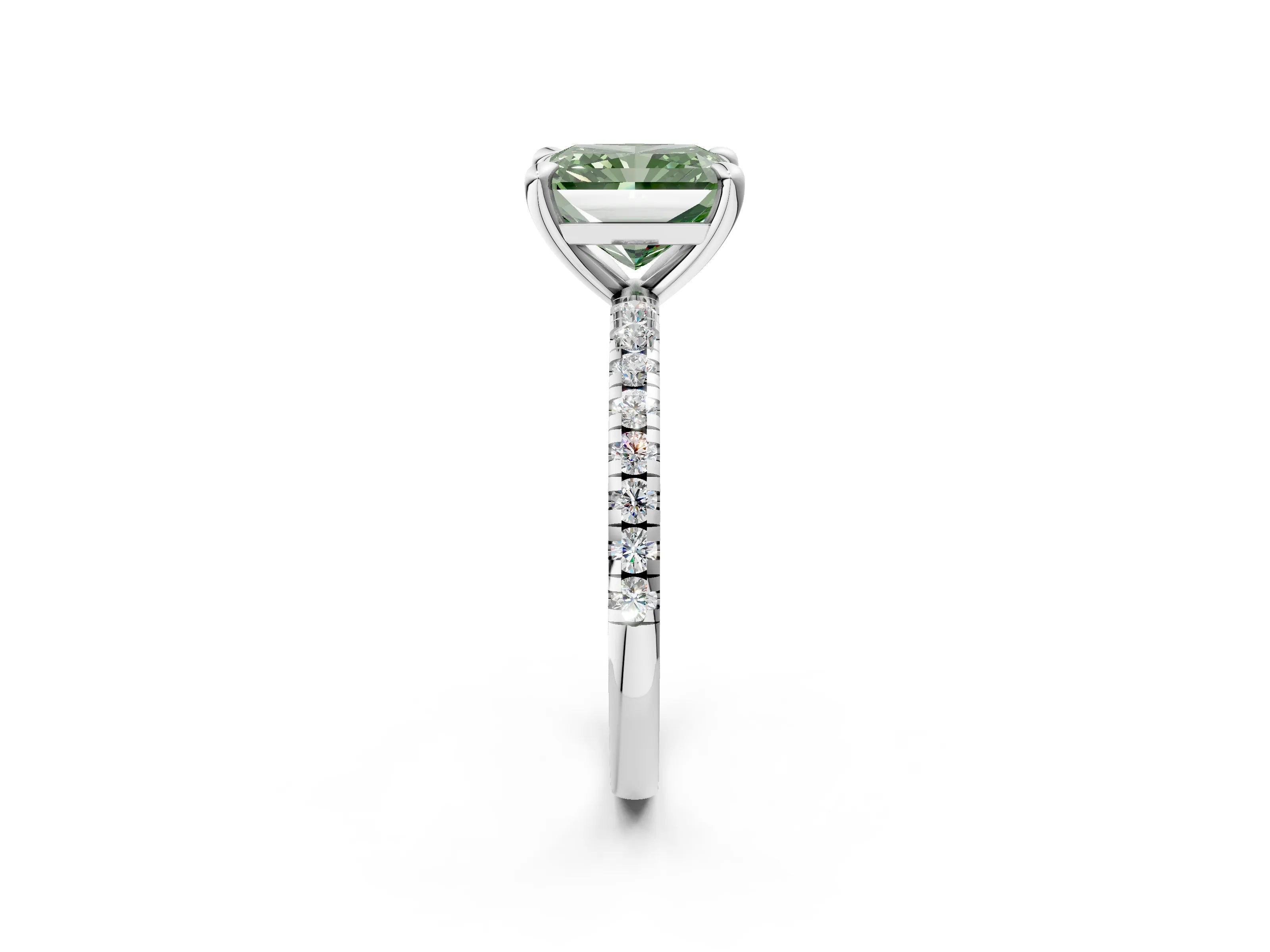 White gold Fancy Green Radiant Cut Diamond Brilliant Solitaire Ring with Pavé Band and Four-Prong Setting_2