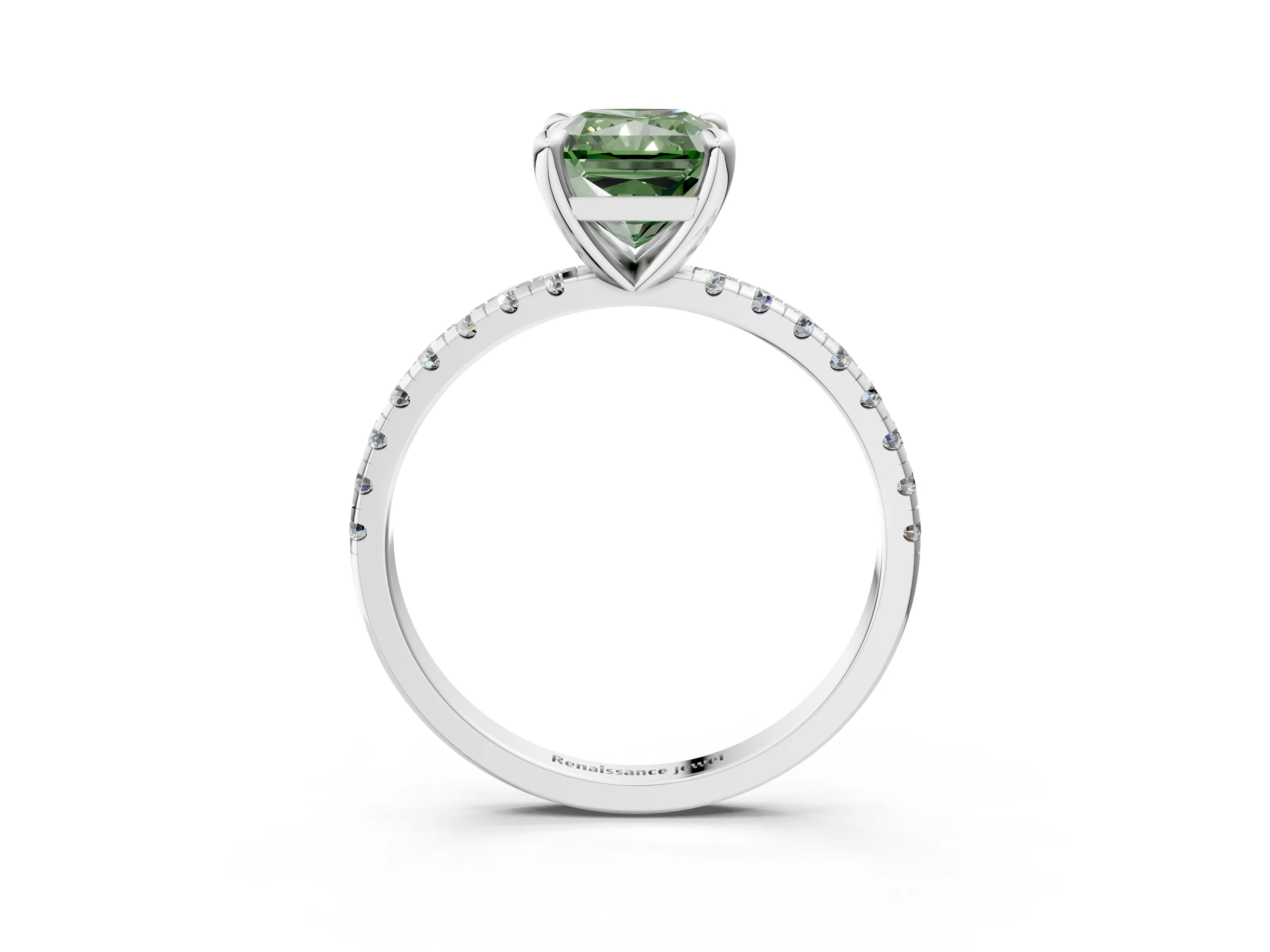 White gold Fancy Green Radiant Cut Diamond Brilliant Solitaire Ring with Pavé Band and Four-Prong Setting_3