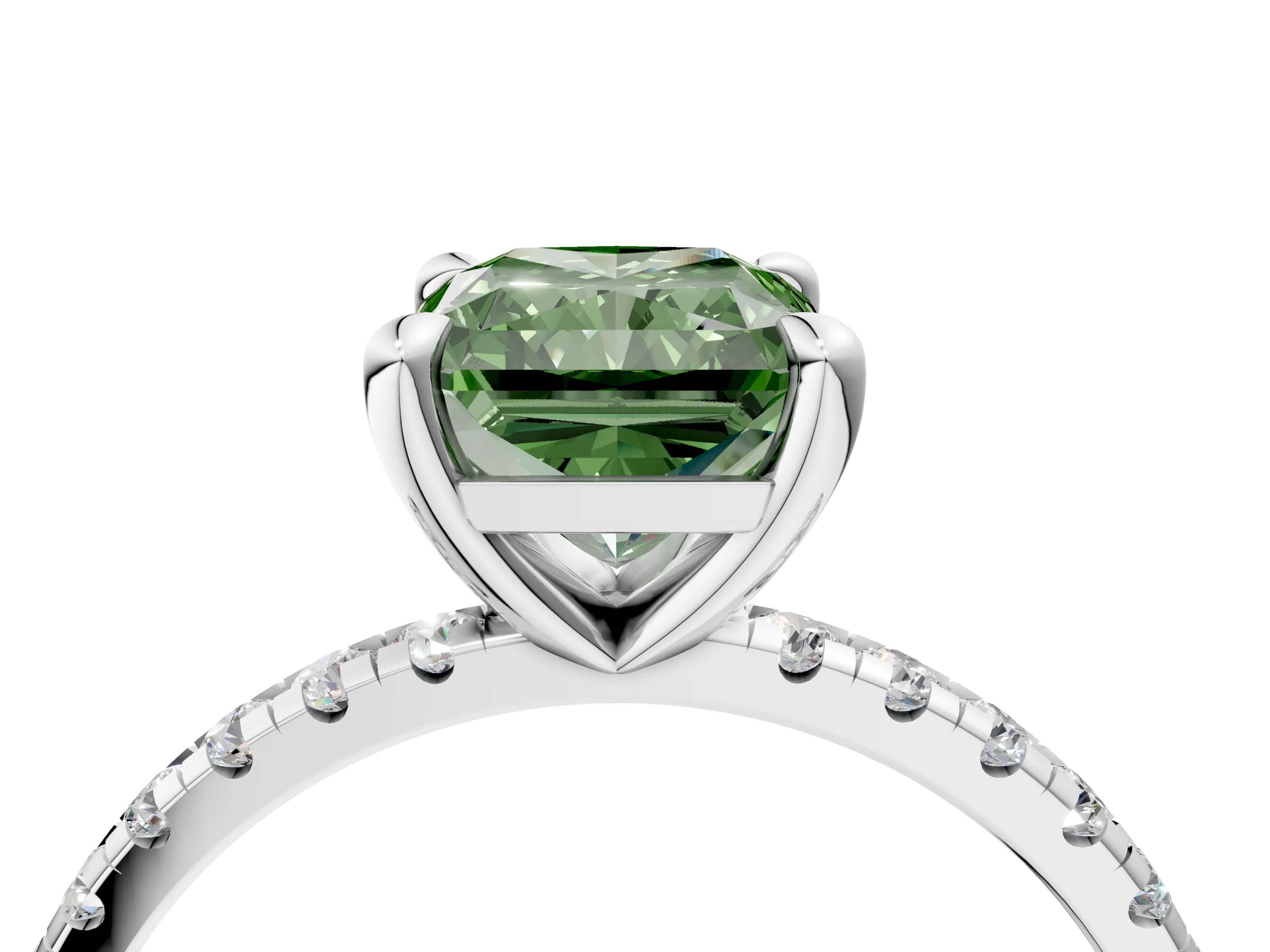 White gold Fancy Green Radiant Cut Diamond Brilliant Solitaire Ring with Pavé Band and Four-Prong Setting_4