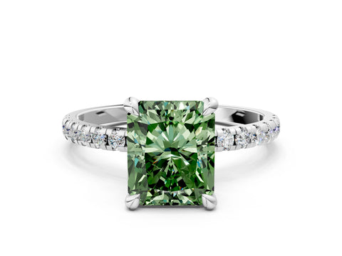 White gold Fancy Green Radiant Cut Diamond Brilliant Solitaire Ring with Pavé Band and Four-Prong Setting