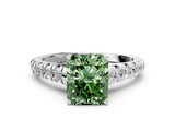 White gold Fancy Green Radiant Cut Diamond Cathedral Solitaire Ring with Round  Pavé Band_209