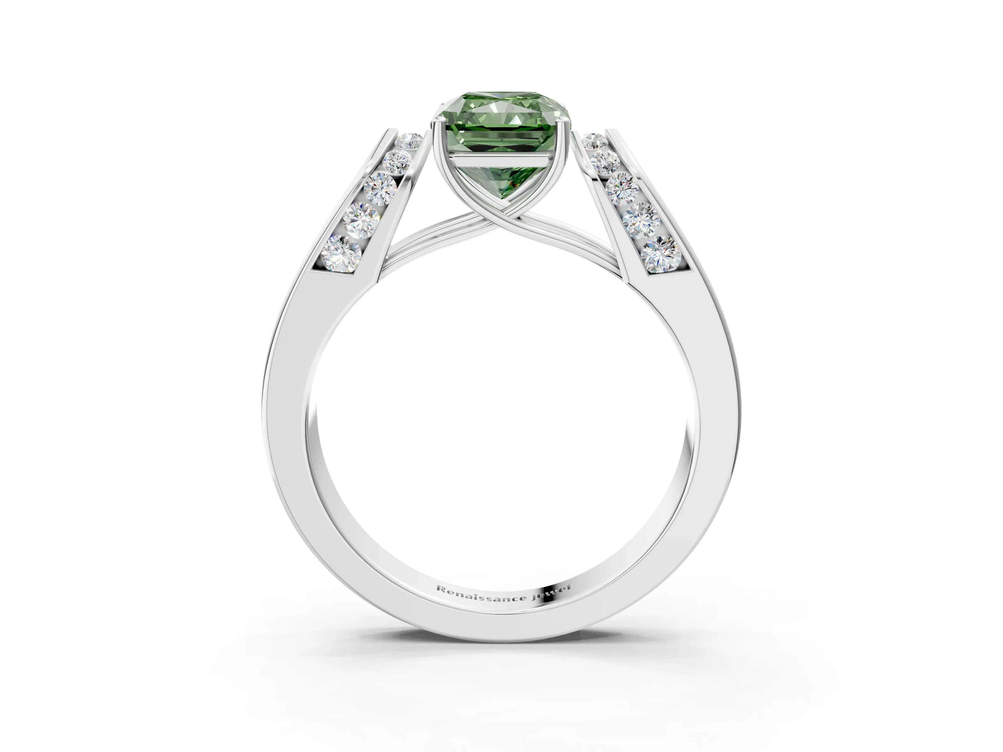 White gold Fancy Green Radiant Cut Diamond Channel Set Solitaire Ring with Four-Prong Setting_3