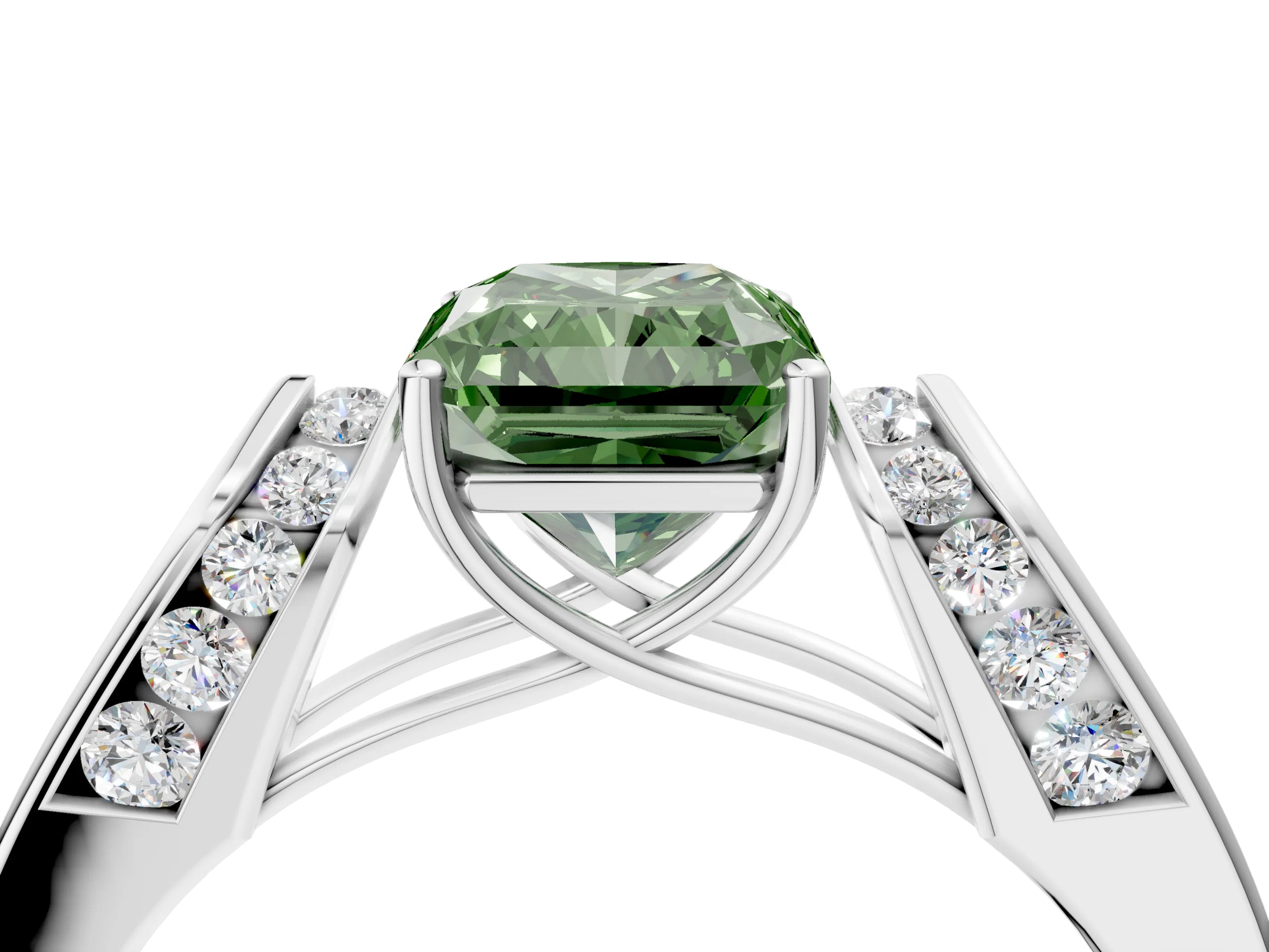 White gold Fancy Green Radiant Cut Diamond Channel Set Solitaire Ring with Four-Prong Setting_4