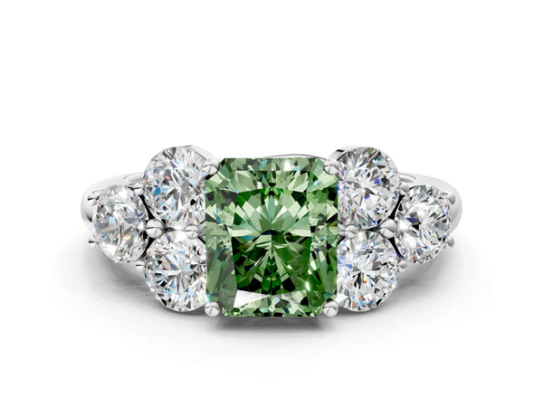 White gold Fancy Green Radiant  Cut Diamond Cluster Ring with Round Accent Stones and Prong Setting on a Classic Band