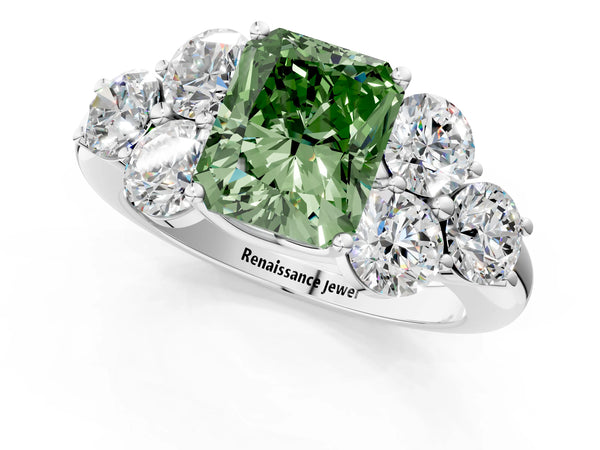 White gold Fancy Green Radiant  Cut Diamond Cluster Ring with Round Accent Stones and Prong Setting on a Classic Band