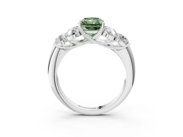 White gold Fancy Green Radiant  Cut Diamond Cluster Ring with Round Accent Stones and Prong Setting on a Classic Band