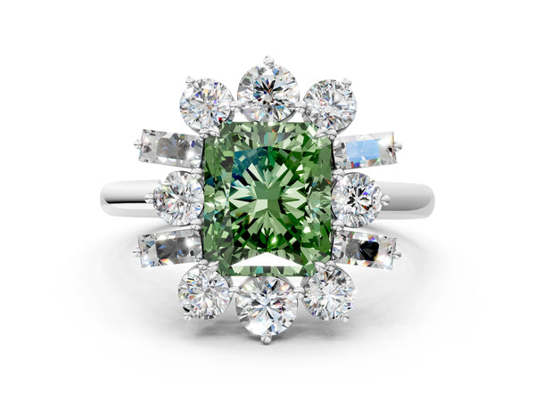 White gold Fancy Green Radiant Cut Diamond Cluster Ring with Round and Baguette Stones, Split Shank Band, Prong Setting