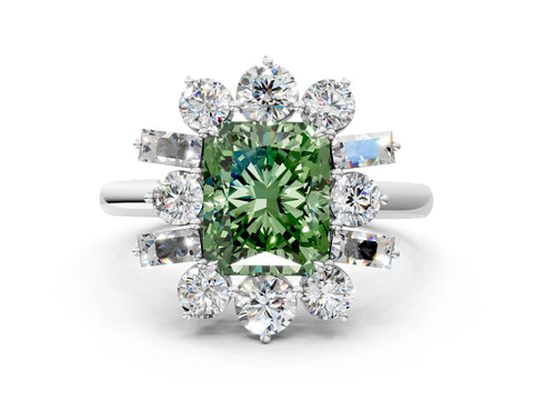 White gold Fancy Green Radiant Cut Diamond Cluster Ring with Round and Baguette Stones, Split Shank Band, Prong Setting_12