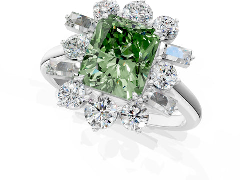 White gold Fancy Green Radiant Cut Diamond Cluster Ring with Round and Baguette Stones, Split Shank Band, Prong Setting_13