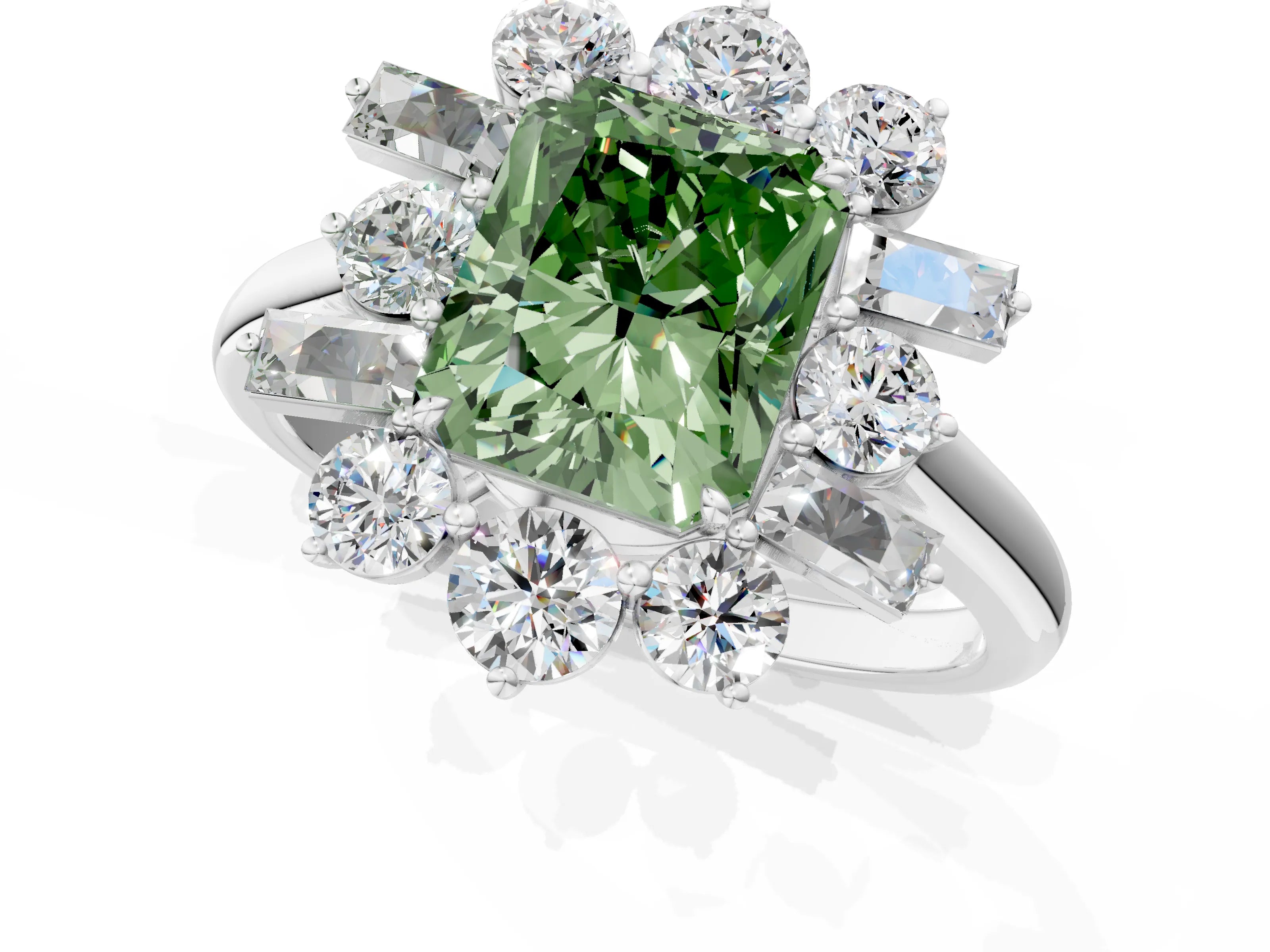 White gold Fancy Green Radiant Cut Diamond Cluster Ring with Round and Baguette Stones, Split Shank Band, Prong Setting_13