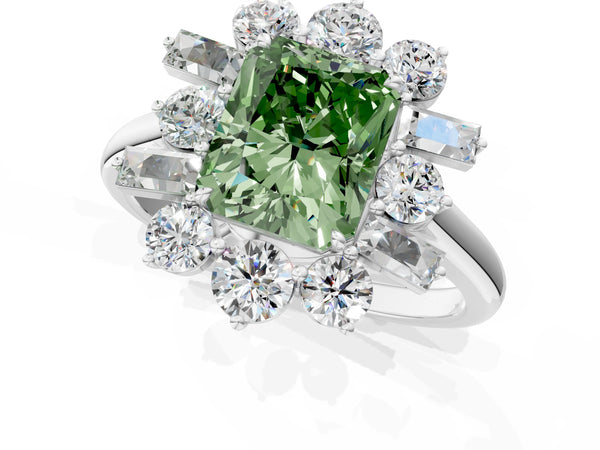 White gold Fancy Green Radiant Cut Diamond Cluster Ring with Round and Baguette Stones, Split Shank Band, Prong Setting