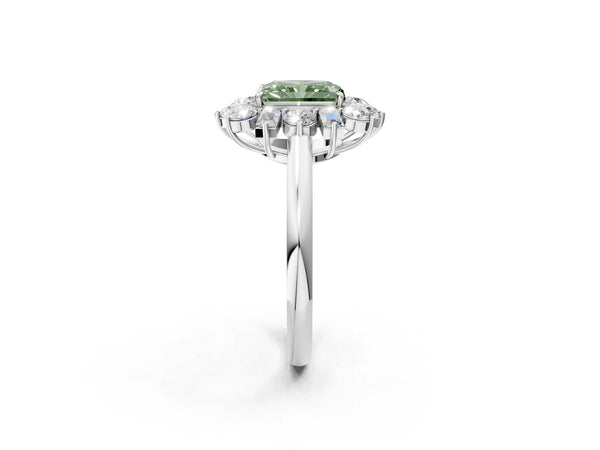 White gold Fancy Green Radiant Cut Diamond Cluster Ring with Round and Baguette Stones, Split Shank Band, Prong Setting