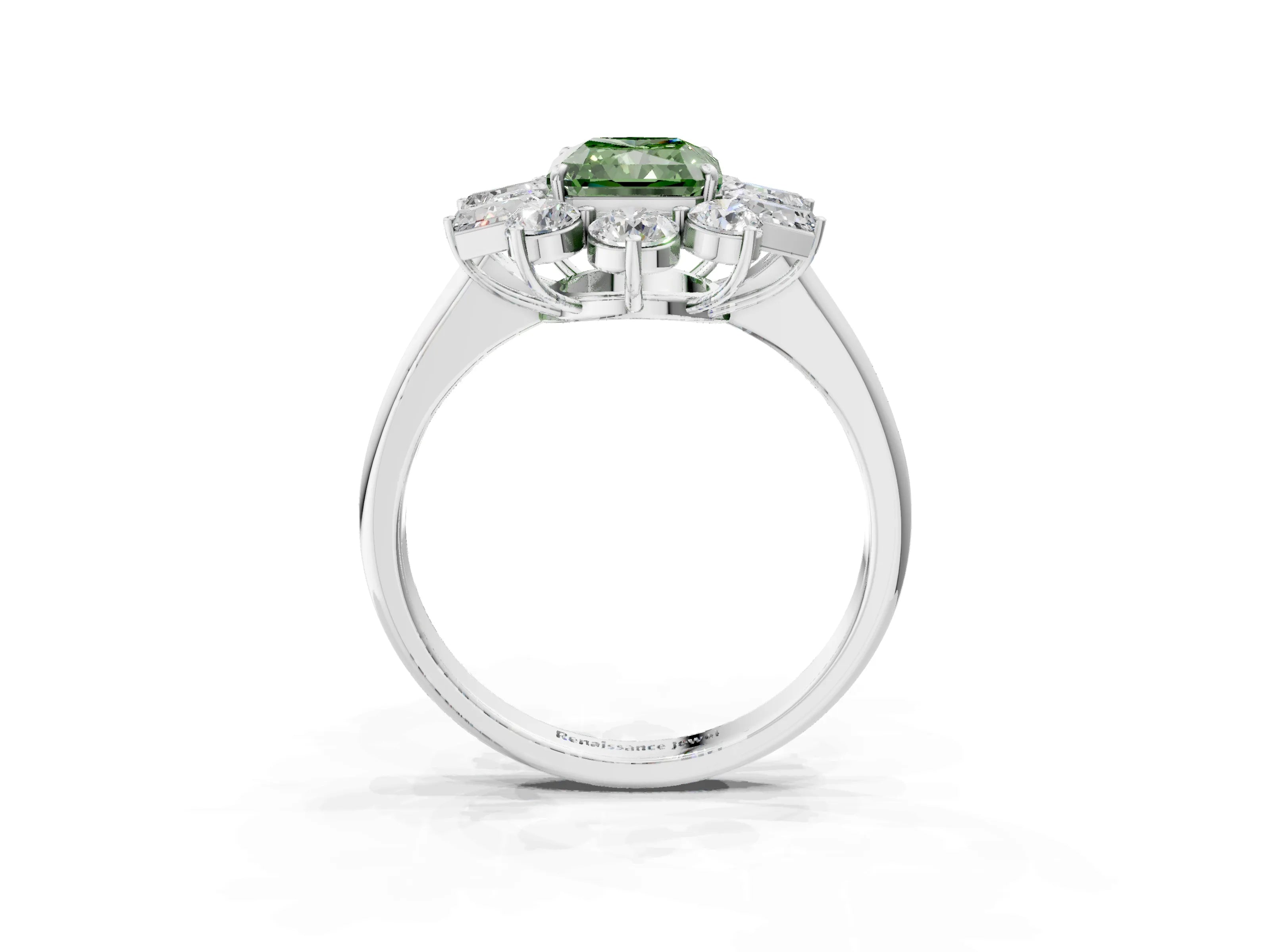 White gold Fancy Green Radiant Cut Diamond Cluster Ring with Round and Baguette Stones, Split Shank Band, Prong Setting_15