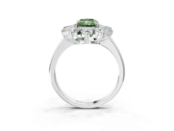 White gold Fancy Green Radiant Cut Diamond Cluster Ring with Round and Baguette Stones, Split Shank Band, Prong Setting