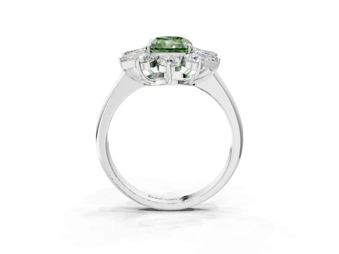White gold Fancy Green Radiant Cut Diamond Cluster Ring with Round and Baguette Stones, Split Shank Band, Prong Setting_15