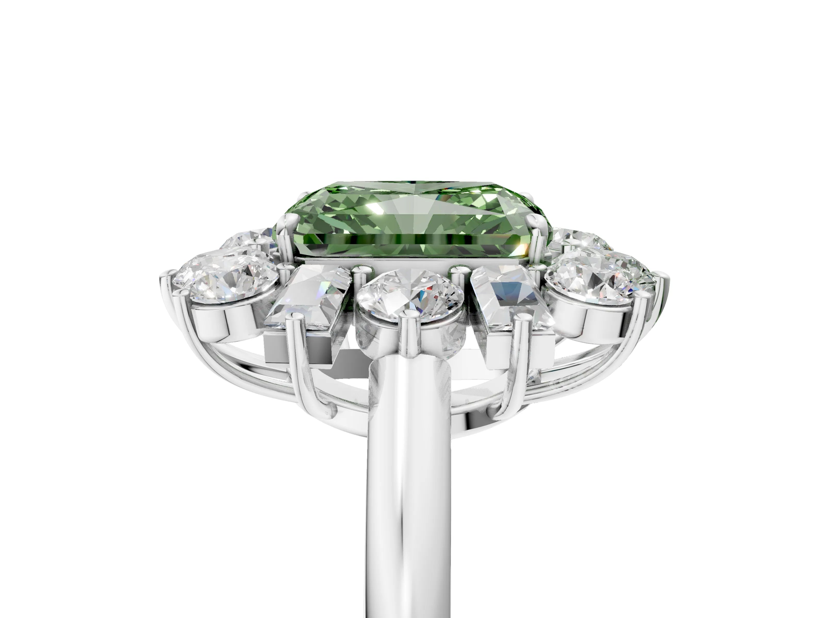 White gold Fancy Green Radiant Cut Diamond Cluster Ring with Round and Baguette Stones, Split Shank Band, Prong Setting_17