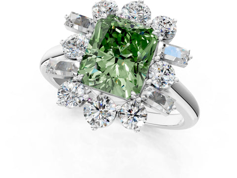White gold Fancy Green Radiant Cut Diamond Cluster Ring with Round and Baguette Stones, Split Shank Band, Prong Setting_1
