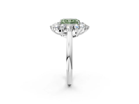 White gold Fancy Green Radiant Cut Diamond Cluster Ring with Round and Baguette Stones, Split Shank Band, Prong Setting_2