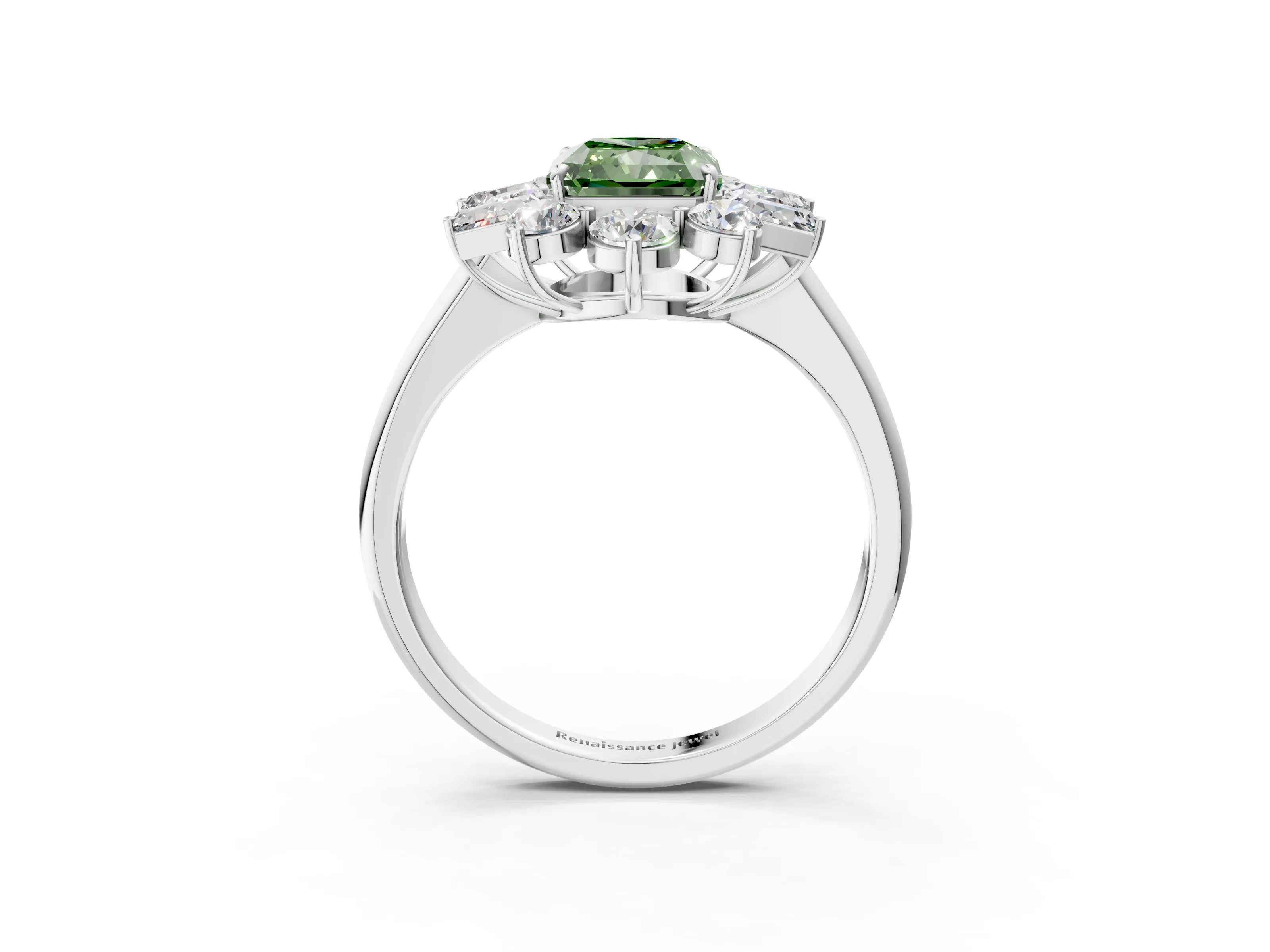 White gold Fancy Green Radiant Cut Diamond Cluster Ring with Round and Baguette Stones, Split Shank Band, Prong Setting_3