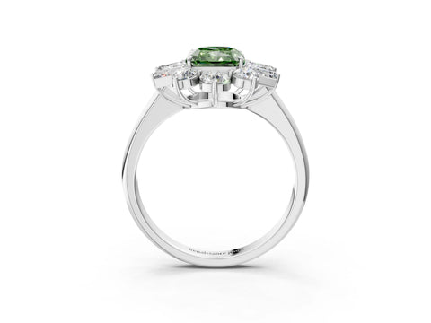 White gold Fancy Green Radiant Cut Diamond Cluster Ring with Round and Baguette Stones, Split Shank Band, Prong Setting_3