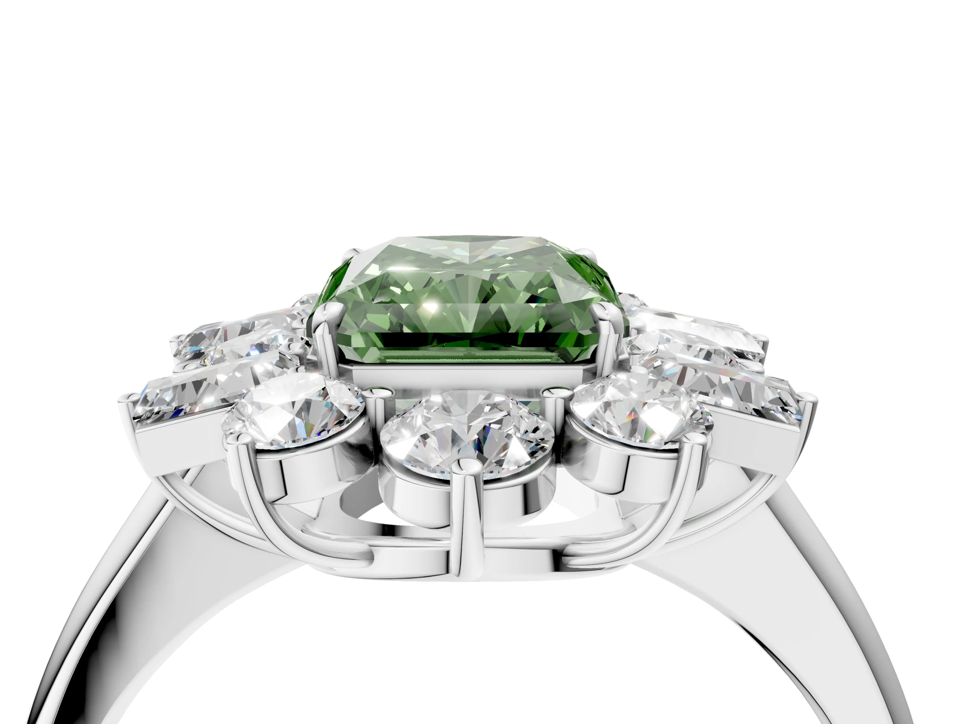 White gold Fancy Green Radiant Cut Diamond Cluster Ring with Round and Baguette Stones, Split Shank Band, Prong Setting_4