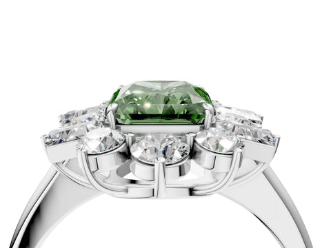 White gold Fancy Green Radiant Cut Diamond Cluster Ring with Round and Baguette Stones, Split Shank Band, Prong Setting_4