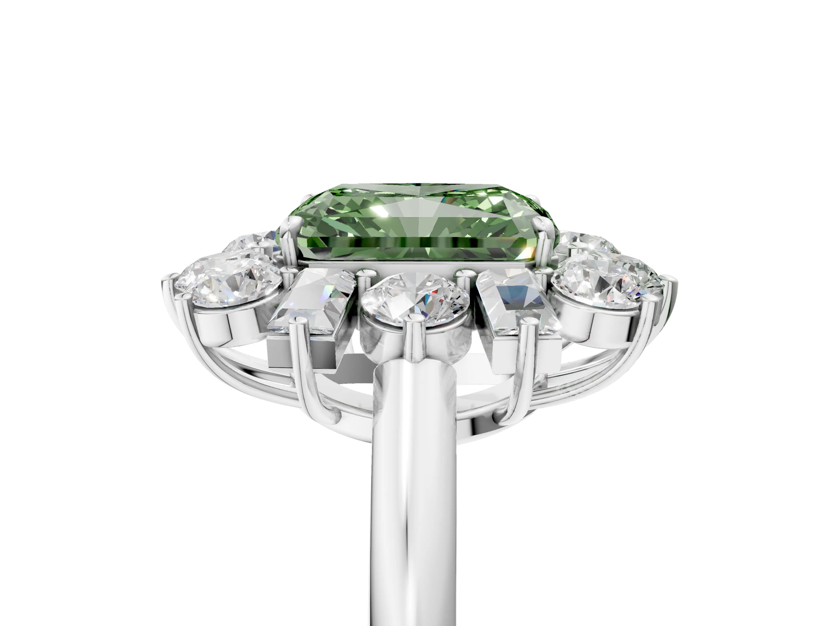 White gold Fancy Green Radiant Cut Diamond Cluster Ring with Round and Baguette Stones, Split Shank Band, Prong Setting_5