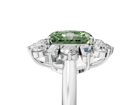 White gold Fancy Green Radiant Cut Diamond Cluster Ring with Round and Baguette Stones, Split Shank Band, Prong Setting_5