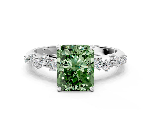 Platinum Fancy Green Radiant Cut Diamond Cluster Side Stone Solitaire Ring with Prong Setting