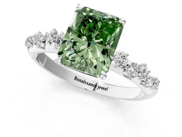 Platinum Fancy Green Radiant Cut Diamond Cluster Side Stone Solitaire Ring with Prong Setting