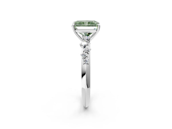 Platinum Fancy Green Radiant Cut Diamond Cluster Side Stone Solitaire Ring with Prong Setting